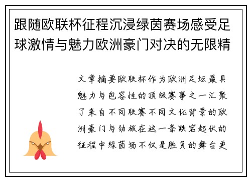 跟随欧联杯征程沉浸绿茵赛场感受足球激情与魅力欧洲豪门对决的无限精彩